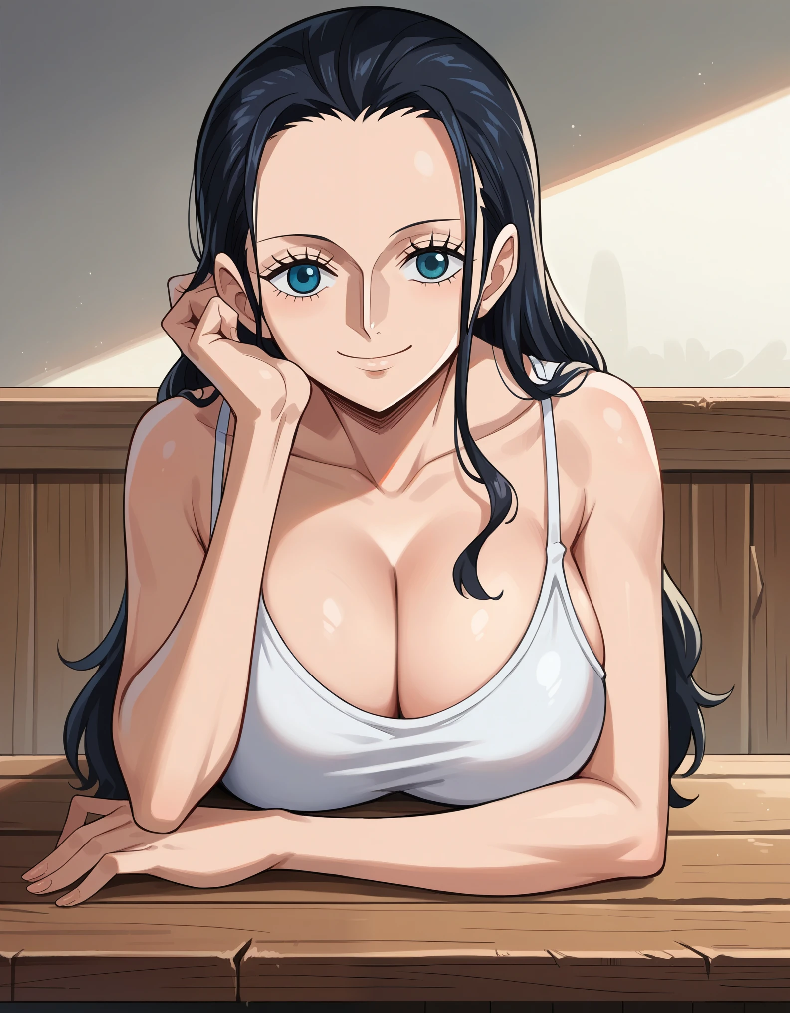 score_9, score_8_up, score_7_up, source_anime, best quality, clear face, 1girl, Nico Robin, black hair, long hair, blue eyes, large breasts, white camisole, cleavage, smile, looking at viewer, indoor, from front, upper body, head rest, wood table, breasts on table