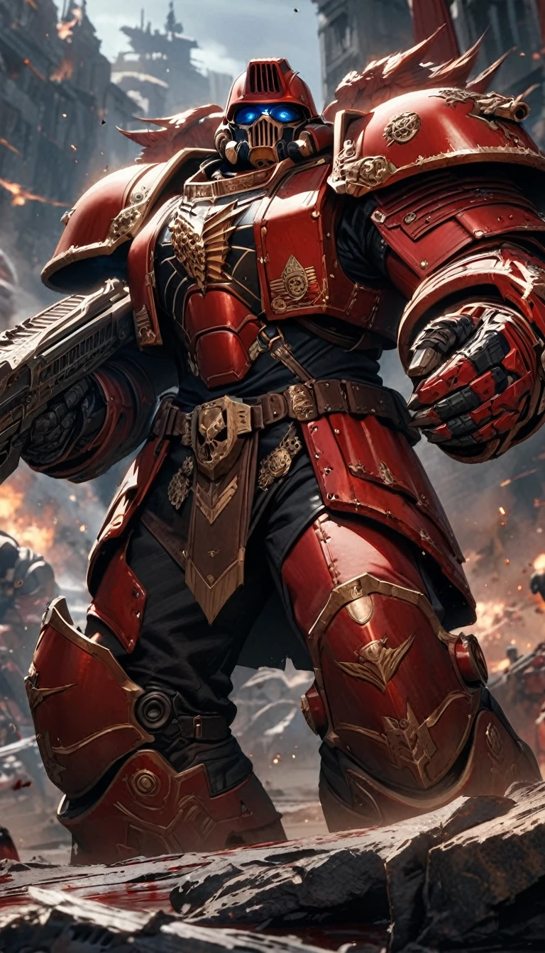 Adult guy, short black hair, blue eyes, scars on face, Blood Angel, Space Marine armor, Warhammer 40000, Masterpiece, best quality, Full HD, 8k, ultra details, great graphic