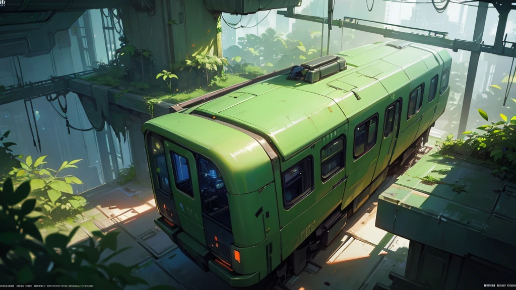 A futuristic futuristic train car covered in greenery, cyberpunk style, aerial view, dystopian and overgrown plants, ruined architecture, neon lights, moody lighting, dramatic shadows, soft color palette, cinematic composition, high quality, 8k, hyper-detailed, photorealistic, studio lighting, physics-based rendering, RPG setting from above, like a tabletop RPG