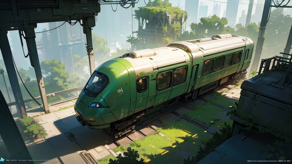 MAKE A futuristic futuristic train covered in greenery, cyberpunk style, aerial view, dystopian and overgrown plants, ruined architecture, neon lights, moody lighting, dramatic shadows, soft color palette, cinematic composition, high quality, 8k, hyper-detailed, photorealistic , studio lighting, physics-based rendering, RPG scenery from above, like a tabletop RPG