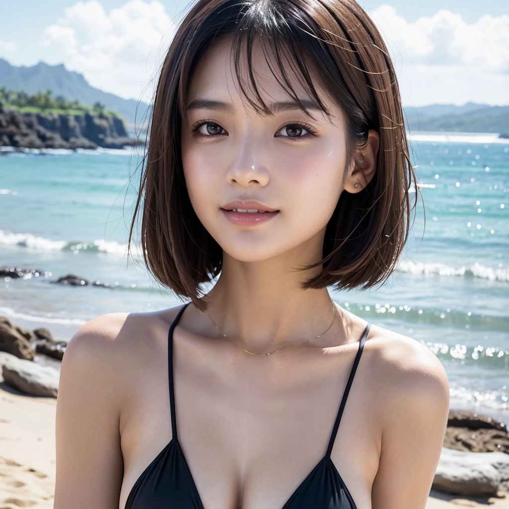 (((Shoulder length brown straight short bob)))、(((She has a Hawaiian beach in the background、Posing like a model at a hair salon.)))、(((Wearing a black micro bikini)))、(( huge breasts :1.2 ))、Half Japanese and Korean、18 year old girl、Independent、Look forward、Light eye makeup、Brown Hair Color、Flat 、Hair blowing in the wind、quality of actress、Shiny, Ultra-realistic faces、Smile expression、Moist eyes、look up、calming lighting effect、 Ultra-Realistic Capture、very detailed、High resolution 16K close-up of human skin。Skin texture should be natural、Must be detailed enough to see pores、skin is healthy、Must be even tone、Use natural light and colour、High-quality photos taken by a model agency&#39;s exclusive photographer、smile
