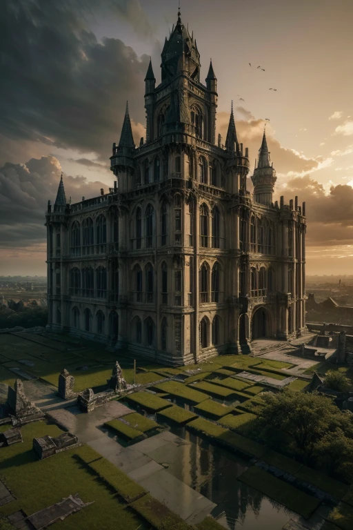 a grand castle in ruins, destroyed, viewed from a distant aerial view, extremely detailed, dramatic lighting, golden hour, cinematic, moody atmosphere, photorealistic, 8k, best quality, masterpiece, ultra-detailed, highly detailed architecture, crumbling walls, overgrown vegetation, dramatic cloudy sky, sun rays, volumetric lighting, dramatic shadows, muted color palette, warm tones, realistic debris and rubble, moss-covered stones, aged and weathered textures, awe-inspiring scale, sense of grandeur, abandoned, melancholy, atmospheric, cinematic composition
