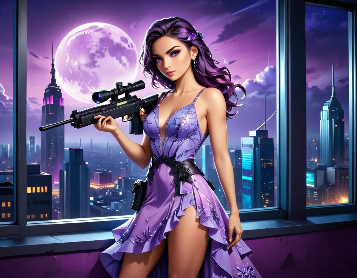 a portrait picture of a 1single woman sniper, standing in a window aiming a sniper rifle, an exotic elegant, beautiful woman sniper, dynamic hair color, braided hair, full body shop, intense blue eyes, wearing intricate glasses ultra detailed face, wearing (intricate red evening dress: 1.5), elegant dress, dynamic color, dynamic style, wearing elegant stiletto heels , behind a window in a tall building at nigh, aiming a Light Sniper Rifle , cyberpunk city background, its night time, moon rays, some clouds,  (full body shot: 1.1) , vibrant, Ultra-high resolution, High Contrast, (masterpiece:1.5), highest quality, Best aesthetics), best details, best quality, highres, ultra wide angle, 16k, [ultra detailed], masterpiece, best quality, (extremely detailed) Sniper Rifle, evening dress
