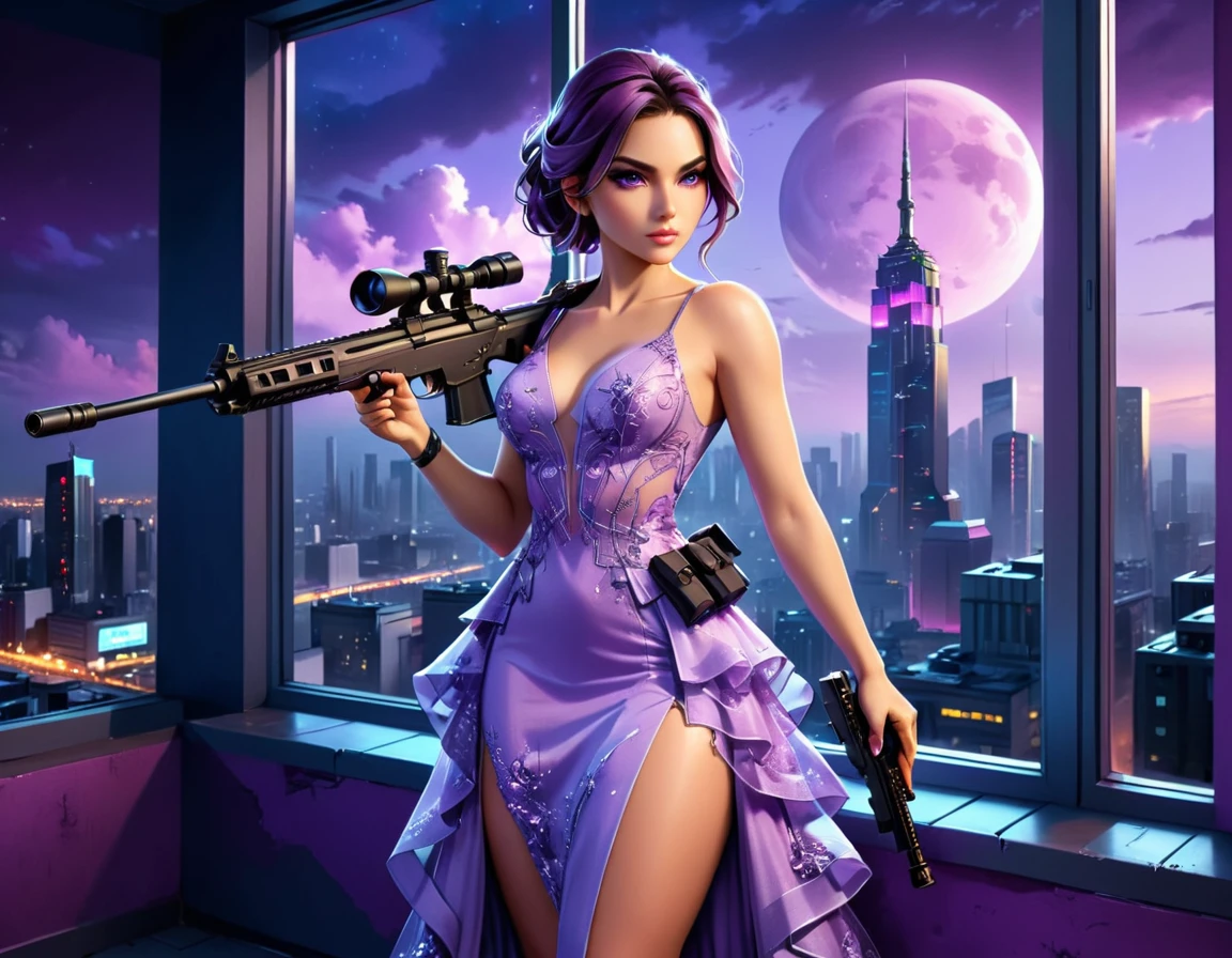 a portrait picture of a 1single woman sniper, standing in a window aiming a sniper rifle, an exotic beautiful woman sniper, dynamic hair, braided hair, full body shop, intense blue eyes, ultra detailed face, wearing (intricate lavender evening dress: 1.5), elegant dress, dynamic color, dynamic style, wearing elegant stiletto heels , behind a window in a tall building at nigh, holding a Light Sniper Rifle , cyberpunk city background, its night time, moon rays, some clouds,  (full body shot: 1.1) , vibrant, Ultra-high resolution, High Contrast, (masterpiece:1.5), highest quality, Best aesthetics), best details, best quality, highres, ultra wide angle, 16k, [ultra detailed], masterpiece, best quality, (extremely detailed) Sniper Rifle, evening dress, ladyshadow
