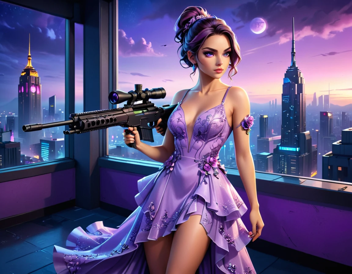a portrait picture of a 1single woman sniper, standing in a window aiming a sniper rifle, an exotic beautiful woman sniper, dynamic hair, braided hair, full body shop, intense blue eyes, ultra detailed face, wearing (intricate lavender evening dress: 1.5), elegant dress, dynamic color, dynamic style, wearing elegant stiletto heels , behind a window in a tall building at nigh, holding a Light Sniper Rifle , cyberpunk city background, its night time, moon rays, some clouds,  (full body shot: 1.1) , vibrant, Ultra-high resolution, High Contrast, (masterpiece:1.5), highest quality, Best aesthetics), best details, best quality, highres, ultra wide angle, 16k, [ultra detailed], masterpiece, best quality, (extremely detailed) Sniper Rifle, evening dress, ladyshadow
