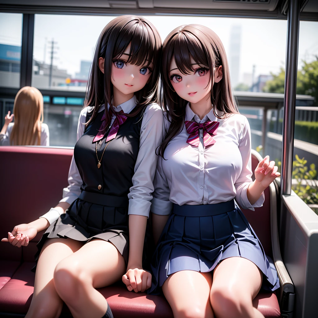 a group of 3 beautiful young girls with long brown hair and brown eyes sitting on a train station platform, looking at the viewer with gentle smiles, their bangs framing their faces, wearing white collared shirts and pleated blue skirts, their friends with black and brown hair sitting beside them in similar outfits with striped socks and pleated skirts, their hands raised in a friendly gesture, flying sweat drops adding to the lively, energetic atmosphere, (best quality,8k,highres,masterpiece:1.2),ultra-detailed,(realistic,photorealistic,photo-realistic:1.37),studio lighting,vivid colors,physically-based rendering,professional,extremely detailed eyes and face,longeyelashes,beautiful detailed eyes,beautiful detailed lips