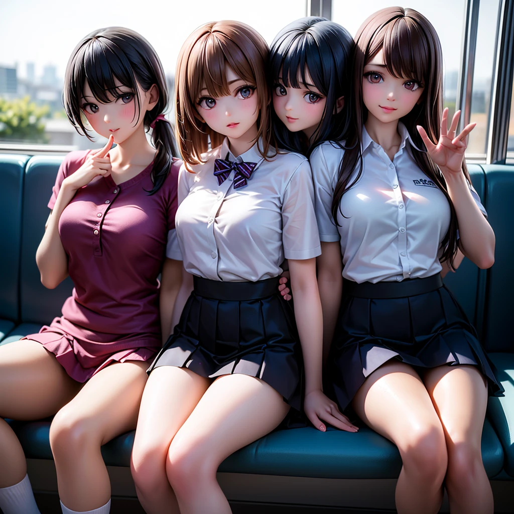 (beautiful 3girls:1.4), with long brown hair and brown eyes, looking at the viewer with a gentle smile, her bangs framing her face, wearing a white collared shirt and a pleated blue skirt, sitting on train station as the sun sets in the background, her friends with black and brown hair sitting beside her, all wearing similar outfits with striped socks and pleated skirts, their hands raised in a friendly gesture, flying sweat drops adding to the lively, energetic atmosphere, (3girls:1.4), (best quality,8k,highres,masterpiece:1.2),ultra-detailed,(realistic,photorealistic,photo-realistic:1.37),studio lighting,vivid colors,physically-based rendering,professional,extremely detailed eyes and face,longeyelashes,beautiful detailed eyes,beautiful detailed lips, เปิดกระโปรง, เห็นกางเกงใน, กางเกงในสีขาว, กางเกงในรัดรูป,