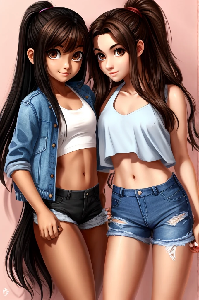 Long black hair Dark blue eyes and her hand ripped jean jacket and a ripped jeans with a .girl holding her hands brown eyes brown hair. a crop top and pair of shorts The girl short