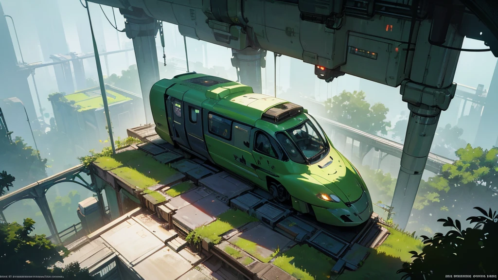 MAKE A futuristic futuristic train covered in greenery, cyberpunk style, aerial view, dystopian and overgrown plants, ruined architecture, neon lights, moody lighting, dramatic shadows, soft color palette, cinematic composition, high quality, 8k, hyper-detailed, photorealistic , studio lighting, physics-based rendering, RPG scenery from above, like a tabletop RPG
