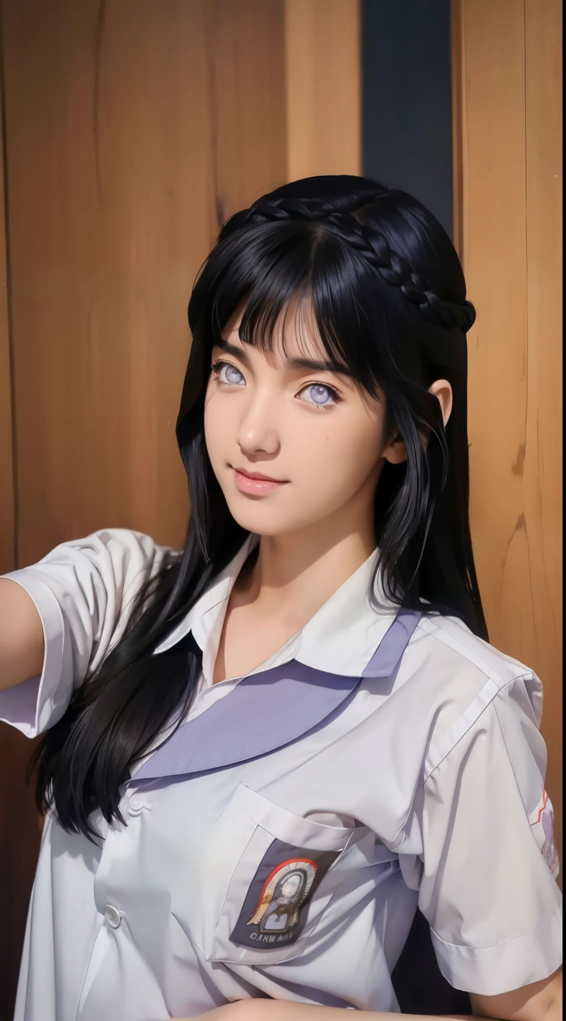 masterpiece, best quality, ultra-detailed, illustration,1girl,
long hair, dark blue hair, french braid, purple eyes, blunt bangs,
Wearing chostum uniform school SMA indonesia, stylish,
medium breast,
looking at viewer, hinata\(shippuden\)1girl photo of woman, selfie style in front of a DSLR camera, high resolution, clear photo quality, HD with white eyes byagugan, striking. His skin is white, and long straight black hair. This character is Hinata Hyuga, the anime Naruto Shipunden. beautiful and smooth face, original hinata character, realistic, very real byagugan eyes, purpil eye color white to faded purple detailed, perfect body, thin smile expression, perfect face, detailed, (pp clothes), (realistic), girl standing, crying , class situation, glanced at the audience.
RAW, Best quality, high resolution, work: 1.3), Young girl, realistically rendered, beautiful, posing facing the viewer's camera, showing perfect facial details, seductive cute expression, in the classroom, ((high school outfit)), orgasm, high resolution, 4k, HDR, 1girl, photorealistic, realistic, big tits, ((half body)) facing viewer, close-up, classroom,