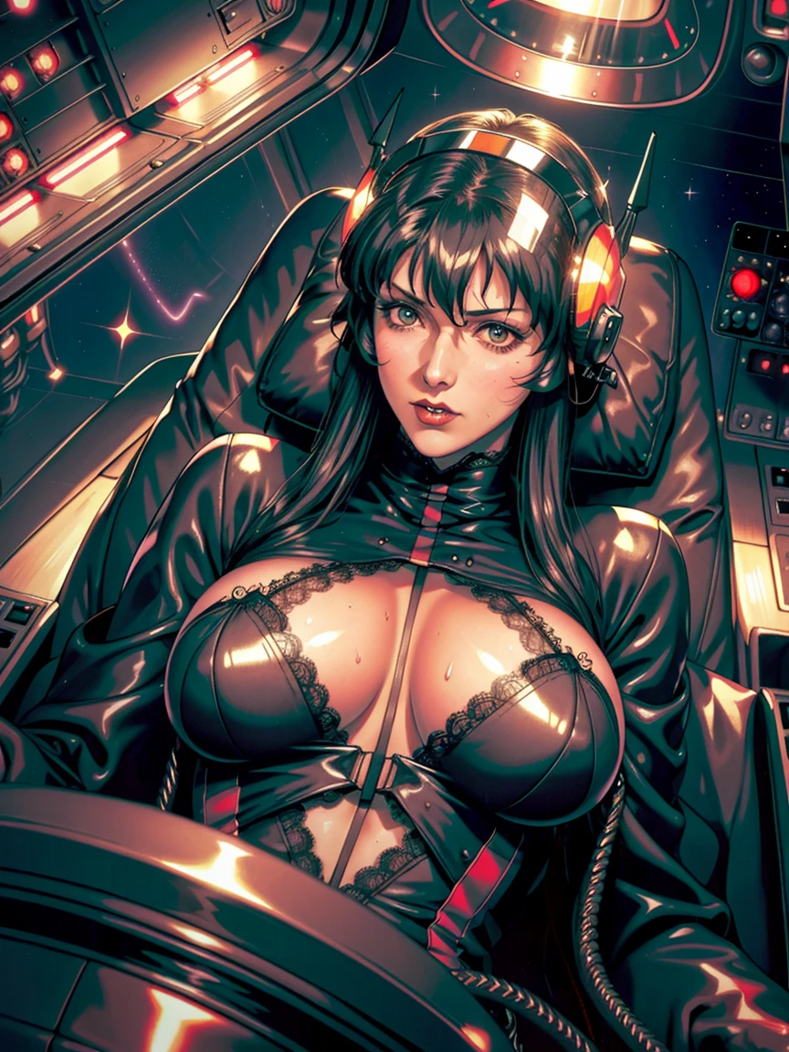 ((gothic vampire piloting in gothic spacecraft)), (((retro anime))), ((from below)), ((120 fov)), ((((gothic)) control panels)), (((mature))), (((gothic))), iridescent bodysuit, (((lace accessories))), ((pilot seat)), ((((lying back)) pose)), (((elegant))), (((serious tone))), ((cockpit top control panel)), intricate control panel details, close-up, 1990s (style), masterpiece, ((claustrophobic)), best quality, screens, ((pilot helmet)), night, (colorful cockpit lights), sparkles, (dramatic lighting), sweat, wet, [blushing], [[[pointy ears]]]