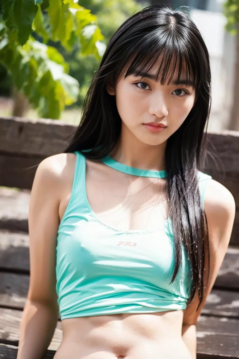 (Highest quality、High resolution、8k、masterpiece:1.55、Film Grain)、((Full body photography:1.0))、Japanese women、A woman with a cute upward gaze、Tank top with loose chest、Stylish clothes that show off your body lines and look great on Instagram、No underwear:1.88、Light brown hair、cute、Lens flare、((Nice style))、Highly detailed photos、Very beautiful and ideal、Super no makeup、(8k、RAW Photos、Highest quality、masterpiece:1.2)、(Realistic)、1 girl、((Looking into the camera:1.4))、Hair blowing in the wind