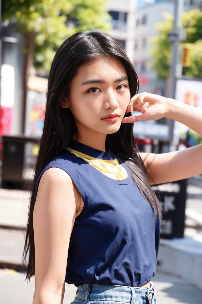 (Highest quality、High resolution、8k、masterpiece:1.55、Film Grain)、((Full body photography:1.0))、Japanese women、A woman with a cute upward gaze、Tank top with loose chest、Stylish clothes that show off your body lines and look great on Instagram、No underwear:1.88、Light brown hair、cute、Lens flare、((Nice style))、Highly detailed photos、Very beautiful and ideal、Super no makeup、(8k、RAW Photos、Highest quality、masterpiece:1.2)、(Realistic)、1 girl、((Looking into the camera:1.4))、Hair blowing in the wind
