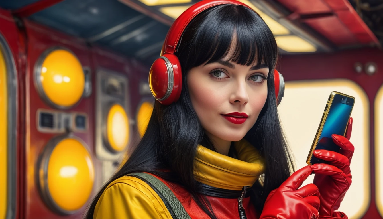 High-quality realistic acrylic art, vivid colors, lateral point of view, a beautiful vintage european woman with long black straight hair, bangs, looking at the viewer with suspicious face and a shy smile, she wears red vintage space suit, gloves, holding a sophisticated cell phone yellow lights, background space militar facilty