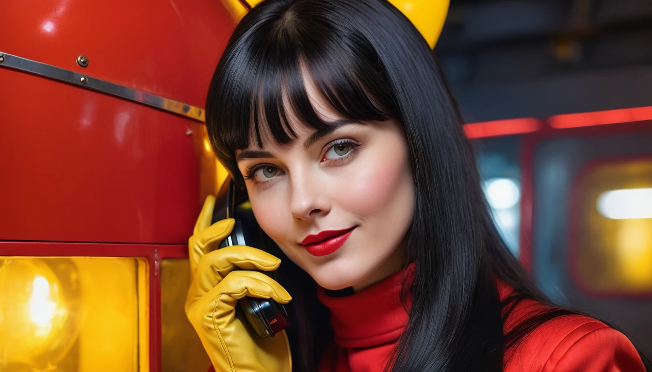 High-quality realistic acrylic art, vivid colors, lateral point of view, a beautiful vintage european woman with long black straight hair, bangs, looking at the viewer with suspicious face and a shy smile, she wears red vintage space suit, gloves, holding a sophisticated cell phone yellow lights, background space militar facilty