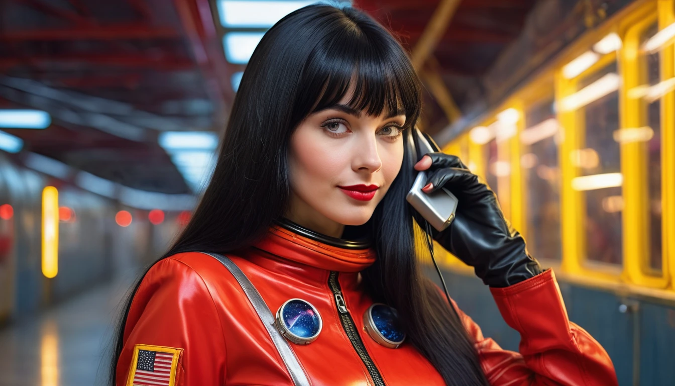 High-quality realistic acrylic art, vivid colors, lateral point of view, a beautiful vintage european woman with long black straight hair, bangs, looking at the viewer with suspicious face and a shy smile, she wears red vintage space suit, gloves, holding a sophisticated cell phone yellow lights, background space militar facilty
