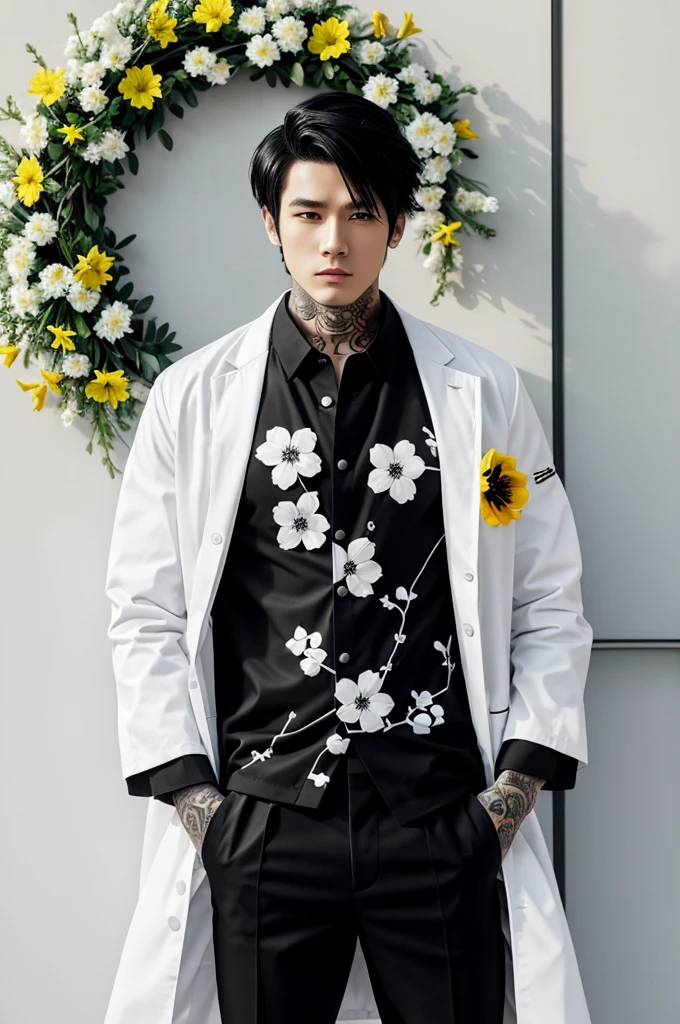 anime male character ,white coat with black, white shirt with tattoos, black pants, wreath of yellow flowers with white