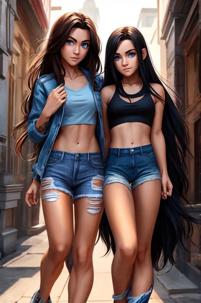Long black hair Dark blue eyes  and her hand ripped jean jacket and a ripped jeans with a .girl holding her hands brown eyes brown hair. a crop top and pair of shorts The girl short