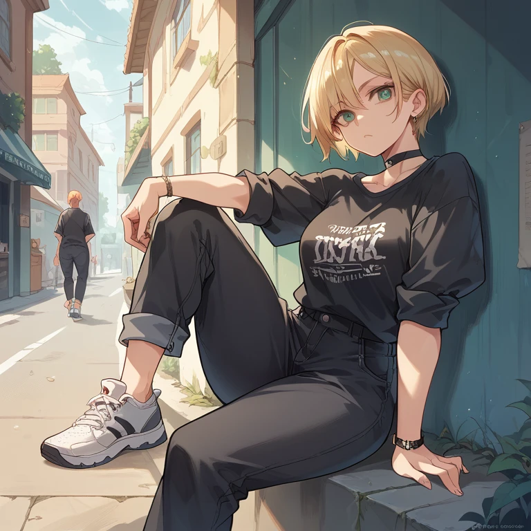 An illustration of a female character is depicted in the attire of a black shirt with rolled up sleeves paired and have black pants, sneakers. She is characterized by a black choker.
