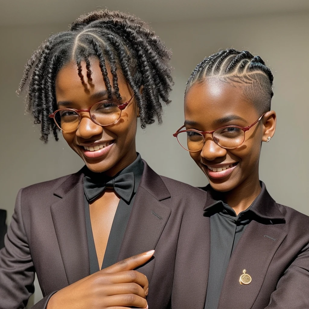 One androgynous girl, black , copper skin, black short curly hair, ((curly hair)), pixie cut, (shaved hair on the sides), colored highlights, blue highlights, green highlights, red highlights, purple highlights, one young girl, (cute), freckles, glasses, dark green eyes, cute pose, excited pose, dynamic pose, fun pose, smiling, in love, wearing a crimson suit, fancy suit, fancy party, formal party, formal suit, three piece suit, suit and tie, ball, ballroom, red and gold color scheme,