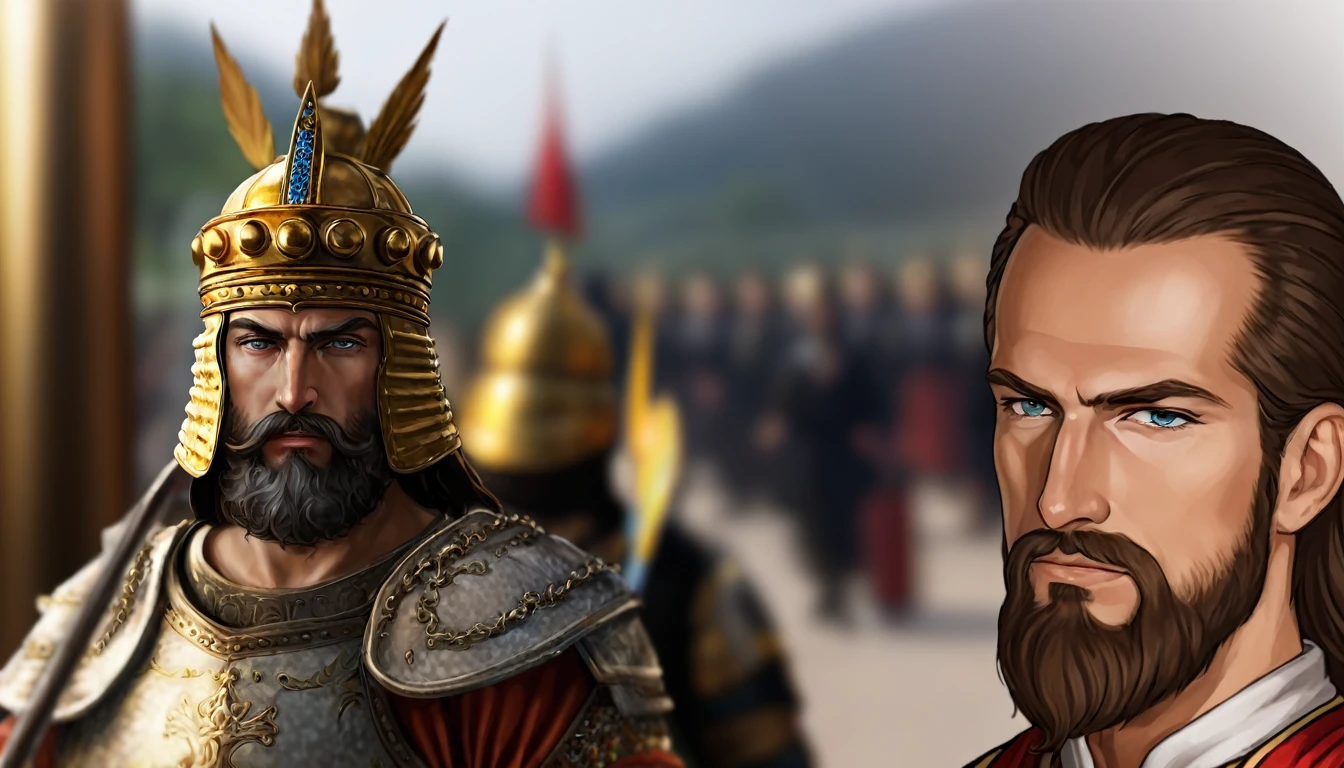 Give me a blurred background with a foreground image of King David and a close-up image of an Ottoman warrior.