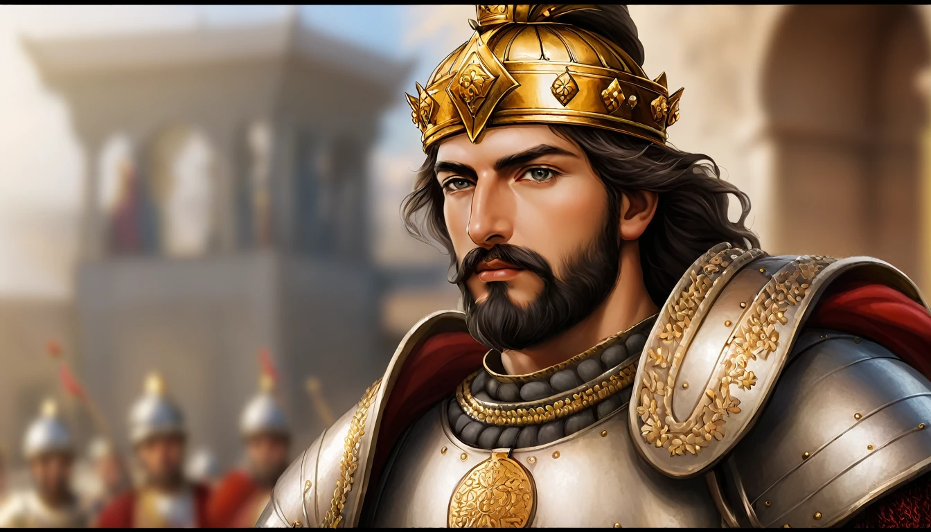 Give me a blurred background with a foreground image of King David and a close-up image of an Ottoman warrior. 