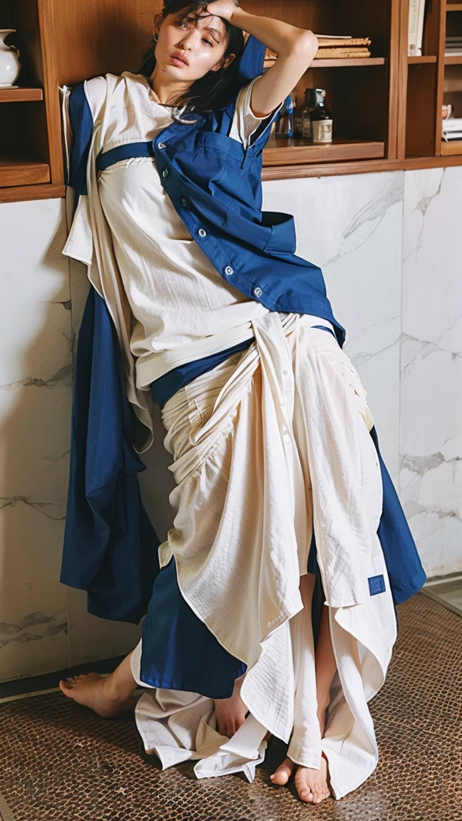 ((Viewing angle from below、Highest quality、masterpiece、32k、Every detail counts、(Realistic:1.5), (Real Skin:1.5), One girl,))、Go down the stairs at the station、commute、whole body、Tank top with loose chest、Leaning forward、(((A strong wind blows her hair and skirt:1.62)))、One Girl、(((The shoulder strap of the bag can be worn diagonally across the body:1.4、No underwear:1.22、Big Breasts、barefoot)))、