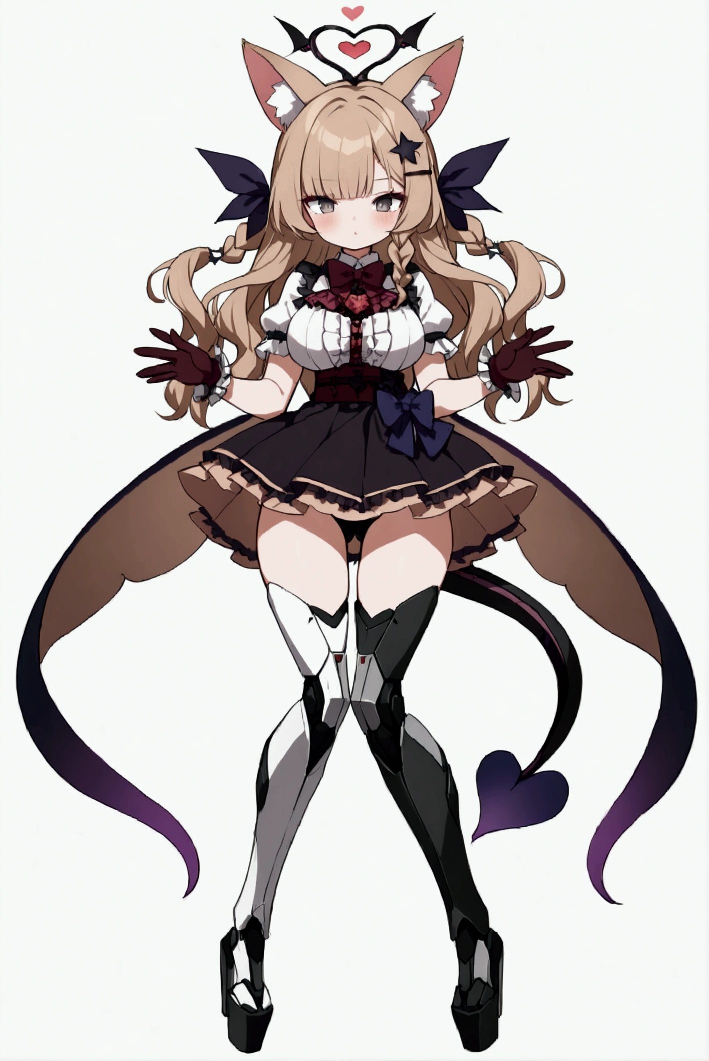 Woman 180cm tall, big chest, wide hip, slim build, charming look, (dark blonde hair), ((hip length loose wavy hair, asymmetrical bangs, star hairpin)), (a short braid on the left and right side of the hair tied with an elegant purple ribbon), (small ribbons at the back of the hair), ((Gray eyes with a pink 4-pointed star in the pupil)), (two black fox ears located on the top of the head), (luminous black halo in the shape of a 4-pointed star on the head), ((It has a small black succubus tail that ends in the shape of a heart)), (((It has complex mechanical legs that reach up to the thighs., The legs are dark gray with small burgundy and black details))), (elegant knee length one piece dress, small Vinotinto bowtie on the neck of the dress, white bust with vertical black lines, lace and ruffle skirt, short sleeves with ruffles, medium tape on the back of the hip of the dress, ribbon decorations and star patterns on the dress), black ruffled gloves, Black platform heels, gray belt at the waist with a large ribbon with a luminous pink heart in the middle, black necklace with a heart pendant on the neck, (((character design sheet: front view))), ((whole body)), extremely detailed beautiful hair, beautiful detailed dress, extremely detailed arms, extremely detailed face, (Extremely detailed hands), perfect hands, small face, Beautiful detailed eyes, beautiful detailed lips, adorable, extremely detailed legs, (Best Quality, 8k, high resolution), ultra detailed, Exquisite and epic character art, ((White background)), (Focus on symmetry), (beautiful detailed succubus tail), (only one woman in the picture)