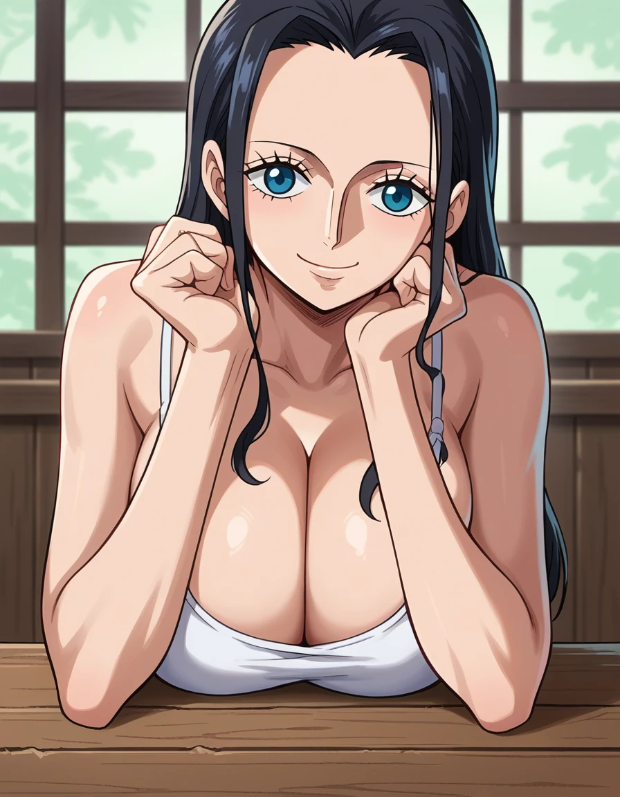 score_9, score_8_up, score_7_up, source_anime, best quality, clear face, 1girl, Nico Robin, black hair, long hair, blue eyes, large breasts, white camisole, cleavage, smile, looking at viewer, indoor, from front, upper body, head rest, wood table, breasts on table, squeezing breasts