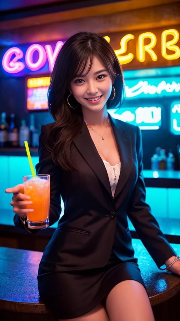 A beautiful woman in a stylish suit、Enjoying a drink in a neon-lit bar、The scene where she shows off her best smile。The scenes are vivid and of high quality、Detailed and meticulously drawn。Beautiful woman&#39;s perfect face highlighted by neon lights、It creates a wonderful contrast。The bar is decorated with colorful neon signs.、There is a lively atmosphere。The suit is sophisticated and stylish.、It accentuates her elegant appearance。Ultra-realistic 8K resolution throughout、Captures every detail。Her face is full of joy、With beautiful eyes and a perfect smile、It gives the scene a sense of life and charm.。