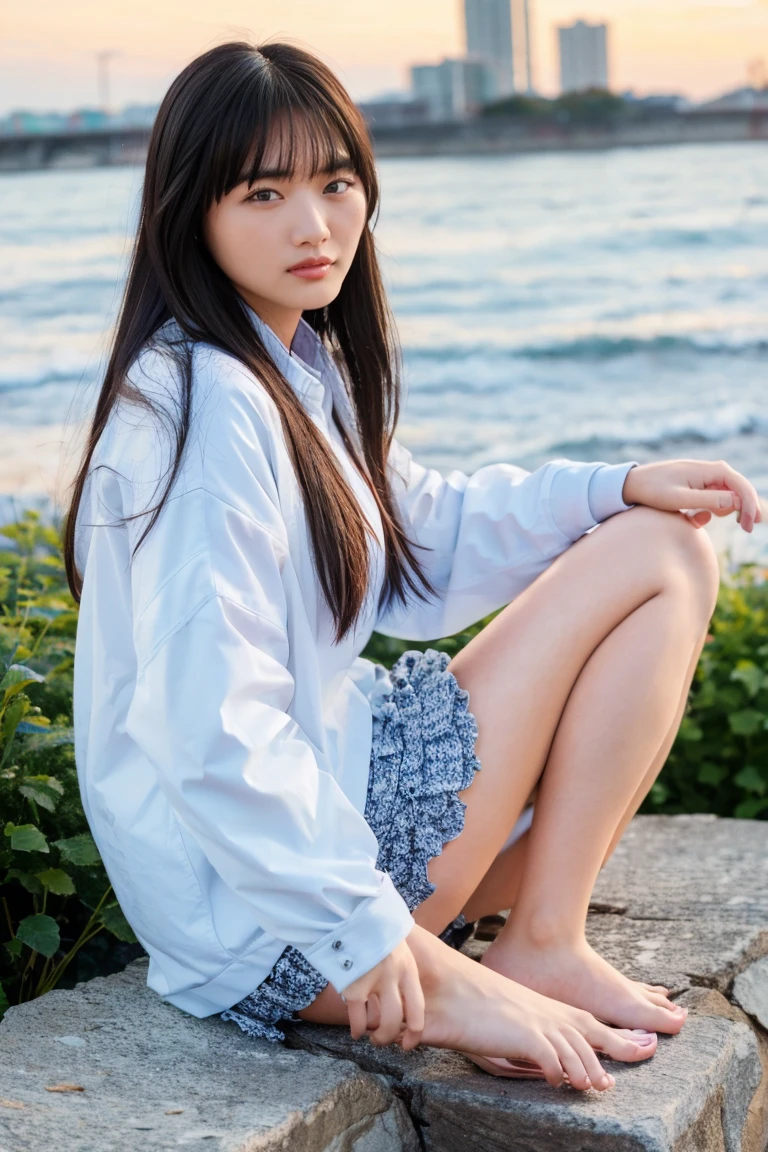 (((Top-down configuration:1.33)))、((No underwear:1.55))、One Girl、Beautiful and detailed eyes and face、barefoot、20 year old cute Japan woman, ((Extremely precise and accurate anatomy:1.0)), (photo Realistic:1.4), (hyper Realistic:1.4), (最高品質のRealisticな肌の質感:1.4), (Improvement of quality:1.4), (Enhances the beauty of skin texture:1.1), Clean and glowing skin, mesh, thin:1.2, (Realistic:1.3), Realisticなライティング, (Smoother lighting:1.05), (Improving the quality of cinema lighting:0.9), Backlight, A gentle light on your face, Ray Tracing, (Bright light:1.2), 32K, One Japanese woman, fine grain, Detailed face, (Film Grain:1.1),(Accentuates body lines:1.1), High resolution, Natural look, Kind eyes, Improves hair quality, Delicate light and shadow, Transparent muscles, Graceful pose, Beautiful Eyes, Sharp details, Soft light reflection, Beautiful contours, Delicate skin tone, Fine hair texture, Natural background, (((sunny day、Beach、A strong wind is blowing、Her hair and skirt are flying、Squat, Traditional navy blue sailor uniform、Open shirt、Pleated skirt、Scooping seawater with hands:1.25、splash、Sandy Beach、Light of the sun、clear blue sea、The waves crash quietly、Blue sky and white clouds、green mountain々、Beautiful Nature、The joys of youth)))、