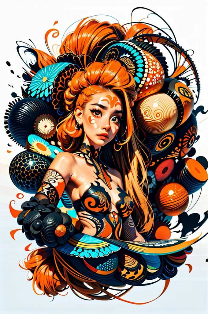 1 girl,(orange_body hair:1.1),(zentangle, mandala, tangle, entangle:0.6),(Fractal Art),most beautiful form of chaos,Brutalist designed,