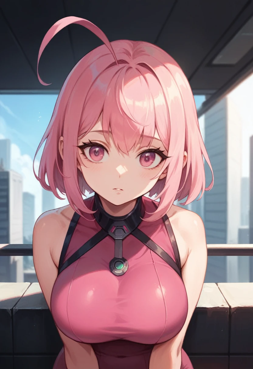 Masterpiece, Best Quality, 1 girl, (City), citycraft, (summersuit), Upper part of the body, sideways, looking to the horizon, Science fiction, pink eyes, of collections, hot pink hair.