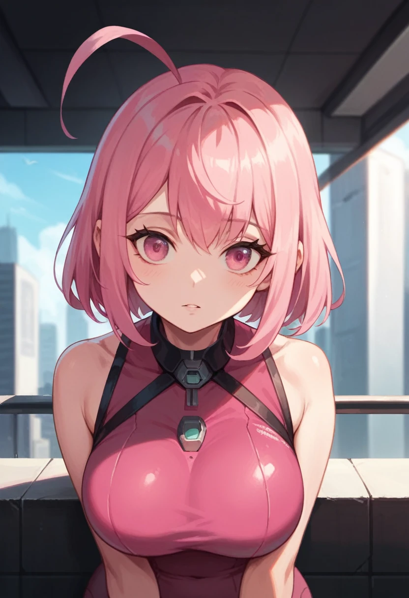 Masterpiece, Best Quality, 1 girl, (City), citycraft, (summersuit), Upper part of the body, sideways, looking to the horizon, Science fiction, pink eyes, of collections, hot pink hair.