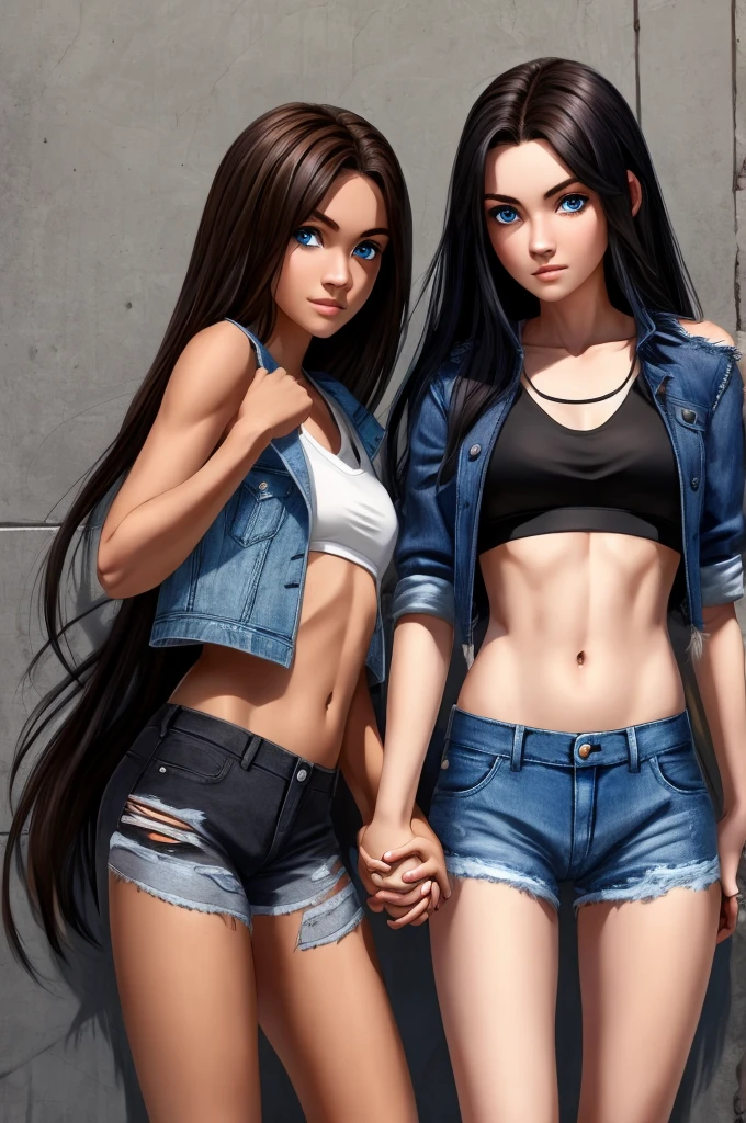 Long black hair Dark blue eyes.  and her hand ripped jean jacket and a ripped jeans with a .girl holding her hands brown eyes brown hair. a crop top and pair of shorts The girl short