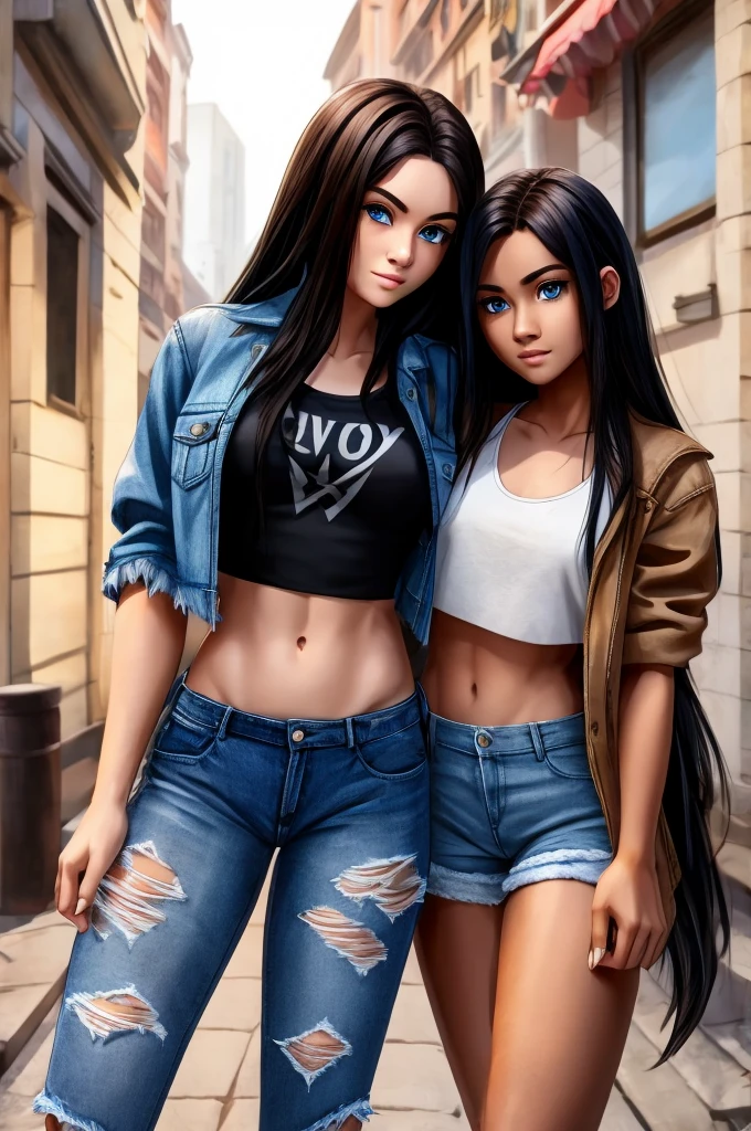 Long black hair blue eyes  and her hand ripped jean jacket and a ripped jeans with a .girl holding her hands brown eyes brown hair. a crop top and pair of shorts