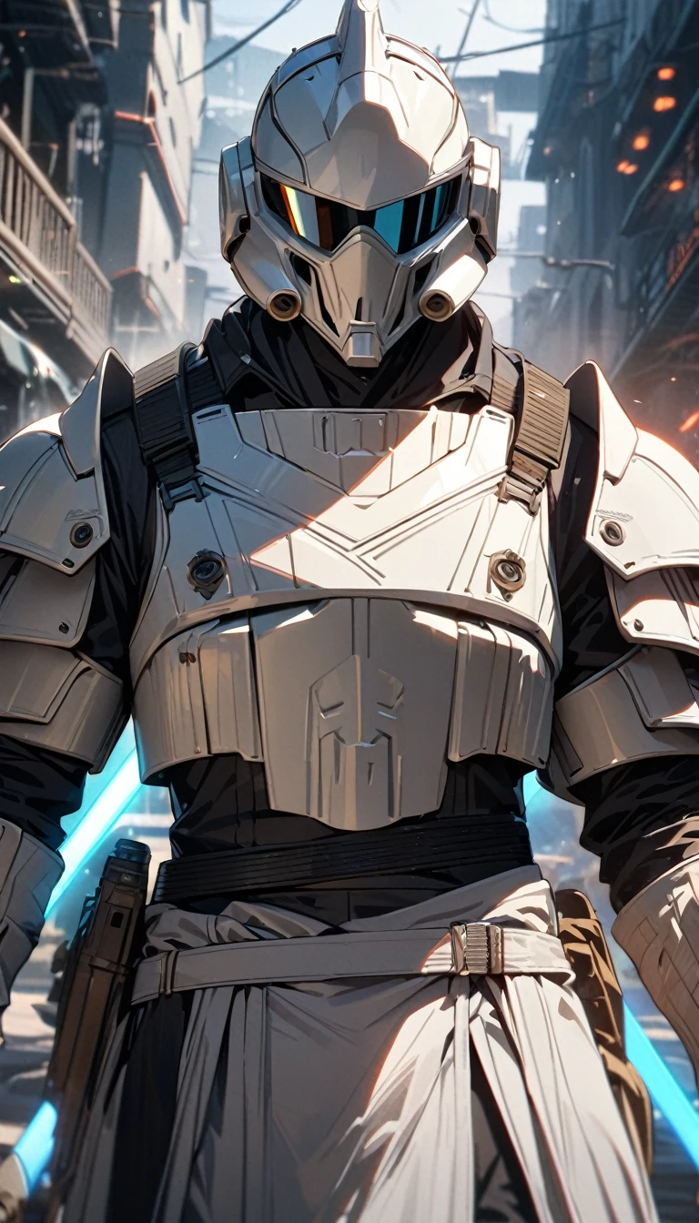 Adult guy, white Jedi armor, battle helmet, lightsabers, Masterpiece, best quality, Full HD, 8k, ultra details, great graphic