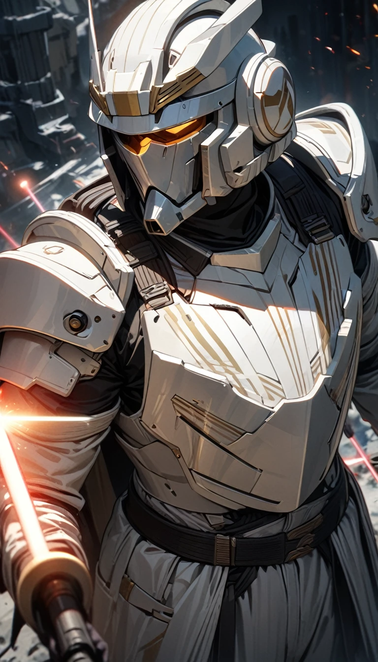 Adult guy, white Jedi armor, battle helmet, lightsabers, Masterpiece, best quality, Full HD, 8k, ultra details, great graphic