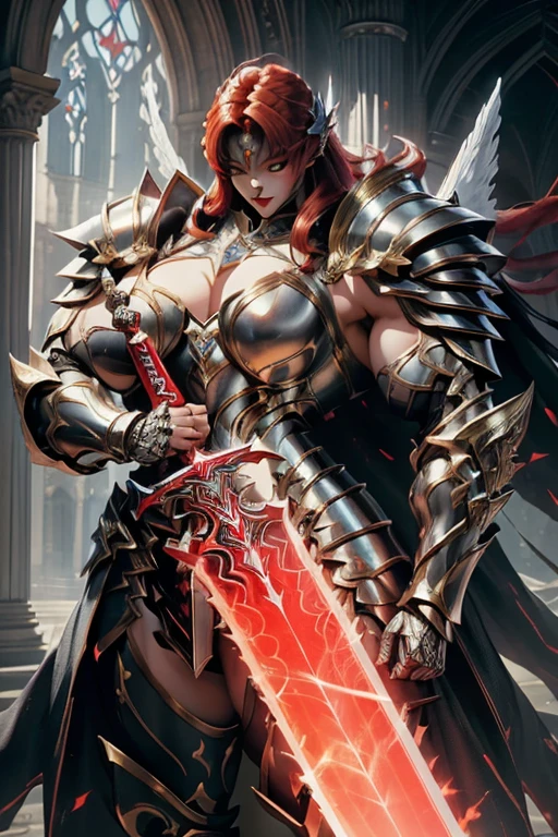 (((Massive beautiful, buff, pale white skinned muscular asian female saint knight with red hair, black lipstick, ginormous bulky muscles, carrying a giant sword and wearing a red Saint Seiya Gemini Armor))), (((close-up view))), large breast, massive muscles, massive biceps, hyper muscle shoulders, hyper muscle triceps, (long hair), yellow eyes, (Paladin boots), (angel metal armor), breastplate, (angel gauntlets), (holy Shoulder armor), closed smile, (in a heavenly castle), Vascular arms, hyper muscles arms, hyper muscle legs, massive buff arms.