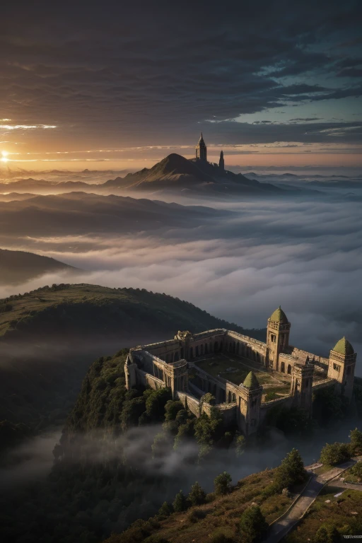 a ruined and abandoned kingdom, viewed from an aerial perspective, detailed, cinematic, dramatic lighting, moody atmosphere, detailed architecture, overgrown vegetation, crumbling walls, shafts of light, mist, (best quality,8k,highres,masterpiece:1.2),ultra-detailed,(realistic,photorealistic,photo-realistic:1.37),cinematic lighting,dramatic shadows,epic scale,intricate details,moody colors,golden hour lighting,volumetric fog,lush foliage,decaying buildings,aerial view,dramatic composition