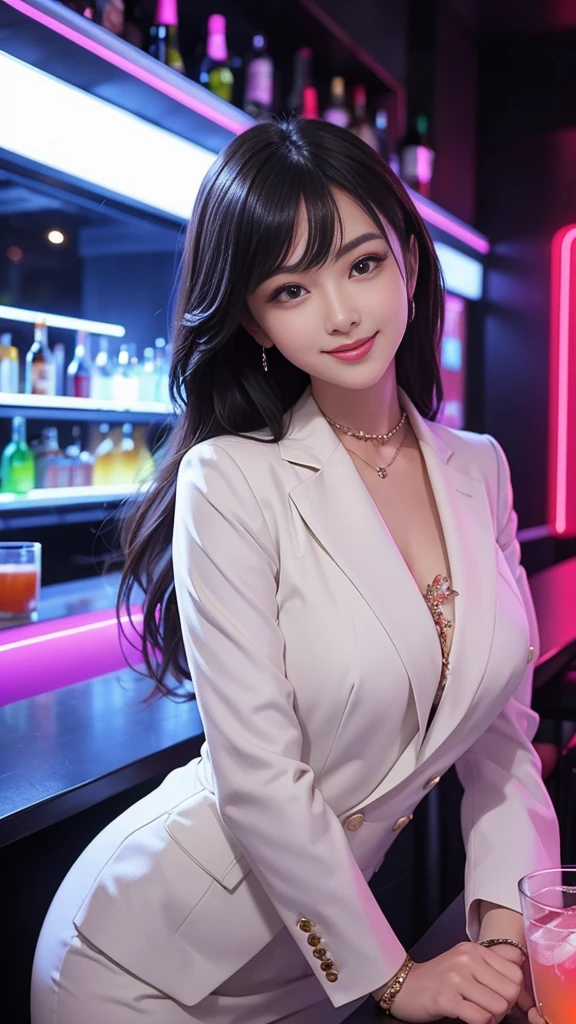 A beautiful woman in a stylish suit、Enjoying a drink in a neon-lit bar、The scene where she shows off her best smile。The scenes are vivid and of high quality、Detailed and meticulously drawn。Beautiful woman's perfect face highlighted by neon lights、It creates a wonderful contrast。The bar is decorated with colorful neon signs.、There is a lively atmosphere。The suit is sophisticated and stylish.、It accentuates her elegant appearance。Ultra-realistic 8K resolution throughout、Captures every detail。Her face is full of joy、With beautiful eyes and a perfect smile、It gives the scene a sense of life and charm.。
