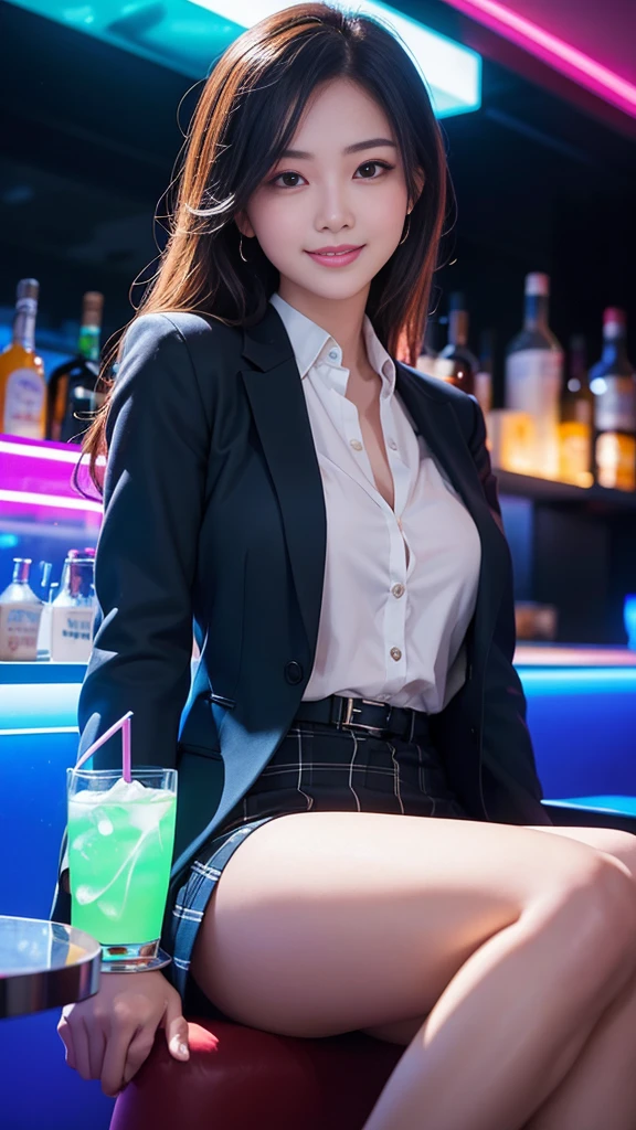A beautiful woman in a stylish suit、Enjoying a drink in a neon-lit bar、The scene where she shows off her best smile。The scenes are vivid and of high quality、Detailed and meticulously drawn。Beautiful woman's perfect face highlighted by neon lights、It creates a wonderful contrast。The bar is decorated with colorful neon signs.、There is a lively atmosphere。The suit is sophisticated and stylish.、It accentuates her elegant appearance。Ultra-realistic 8K resolution throughout、Captures every detail。Her face is full of joy、With beautiful eyes and a perfect smile、It gives the scene a sense of life and charm.。