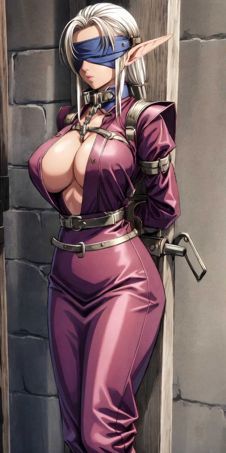 Masterpiece, best quality, intricate details, 1solo girl
Character: Dark elf skin, extremely huge breasts, maternal
Pose: Standing by wooden pole (1.2 meters tall) arms behind back, bound with iron collar, iron cuffs, bracers, leather collar, and shackles
Clothing: Chest covered with clothes
Blindfold: blindfolded (eyes cover)