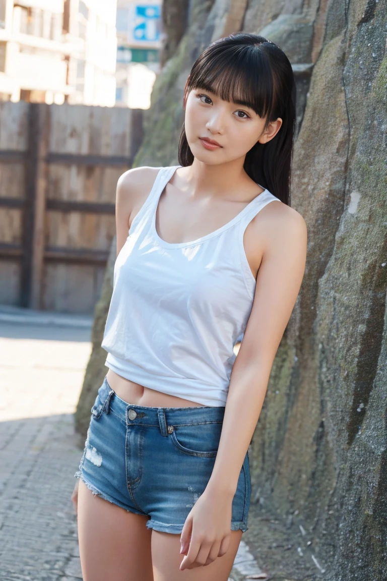 (Highest quality、High resolution、8k、masterpiece:1.55、Film Grain)、((Full body photography:1.0))、Japanese women、A woman with a cute upward gaze、Tank top with loose chest、Full body photography:1.33、Stylish clothes that show off your body lines and look great on Instagram、No :1.88、Light brown hair、cute、Lens flare、((Nice style))、Highly detailed photos、Very beautiful and ideal、Super no makeup、(8k、RAW Photos、Highest quality、masterpiece:1.2)、(Realistic)、1 girl、((Looking into the camera:1.4))、Hair blowing in the wind
