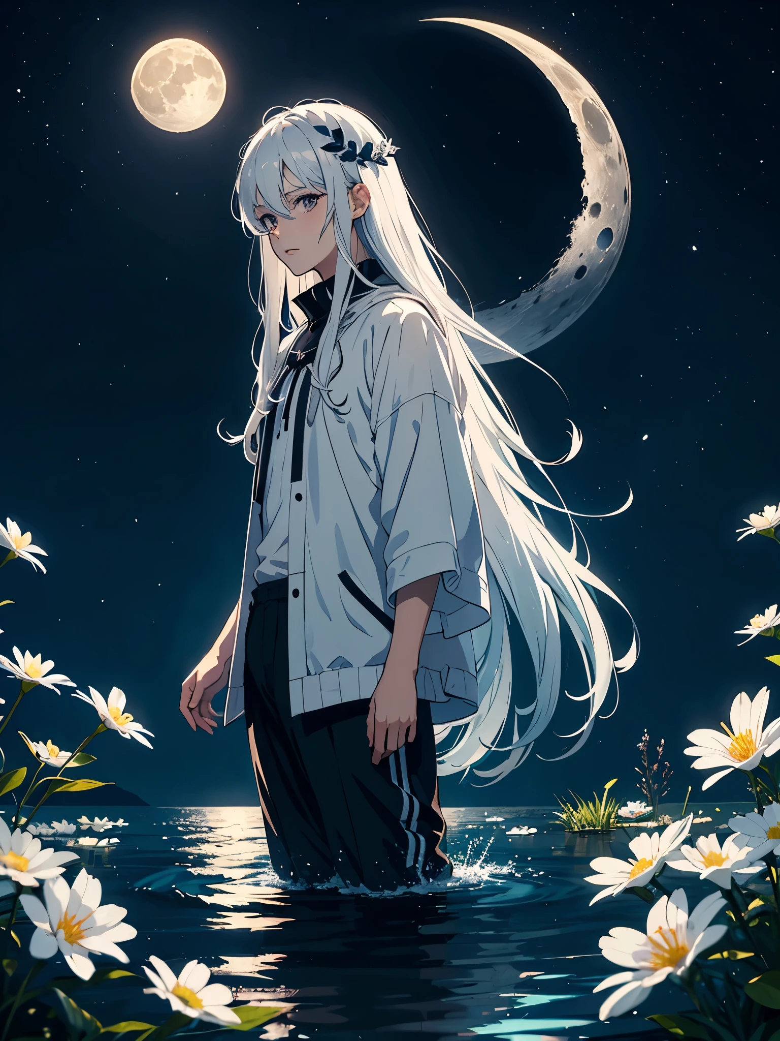 Engel. Viele weoße vögel. More anime. light blue light. Bright bright light. magical. Moon. White flowers. male. Long hair. long white hair. aquatic, boy, God of the Moon, silver hair accessories, White hair.