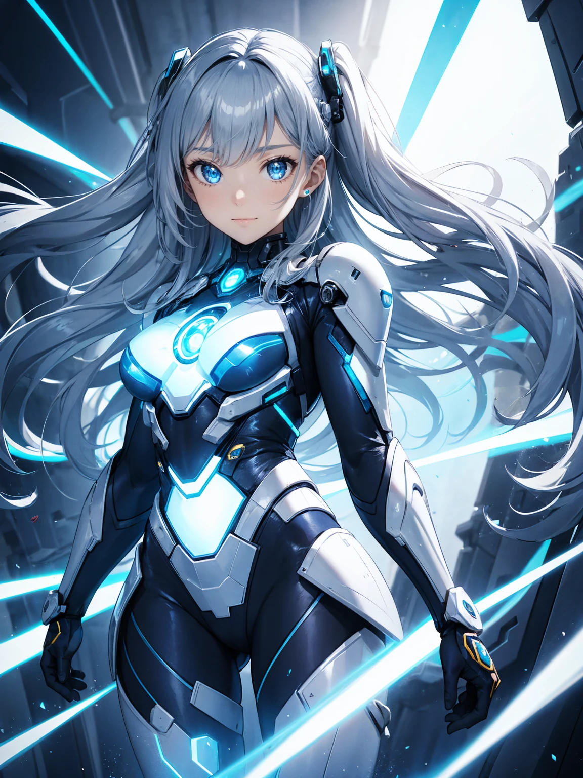 cyborg suit girl, shining blue light,silver long hair, shining eye, 14 years old, smie