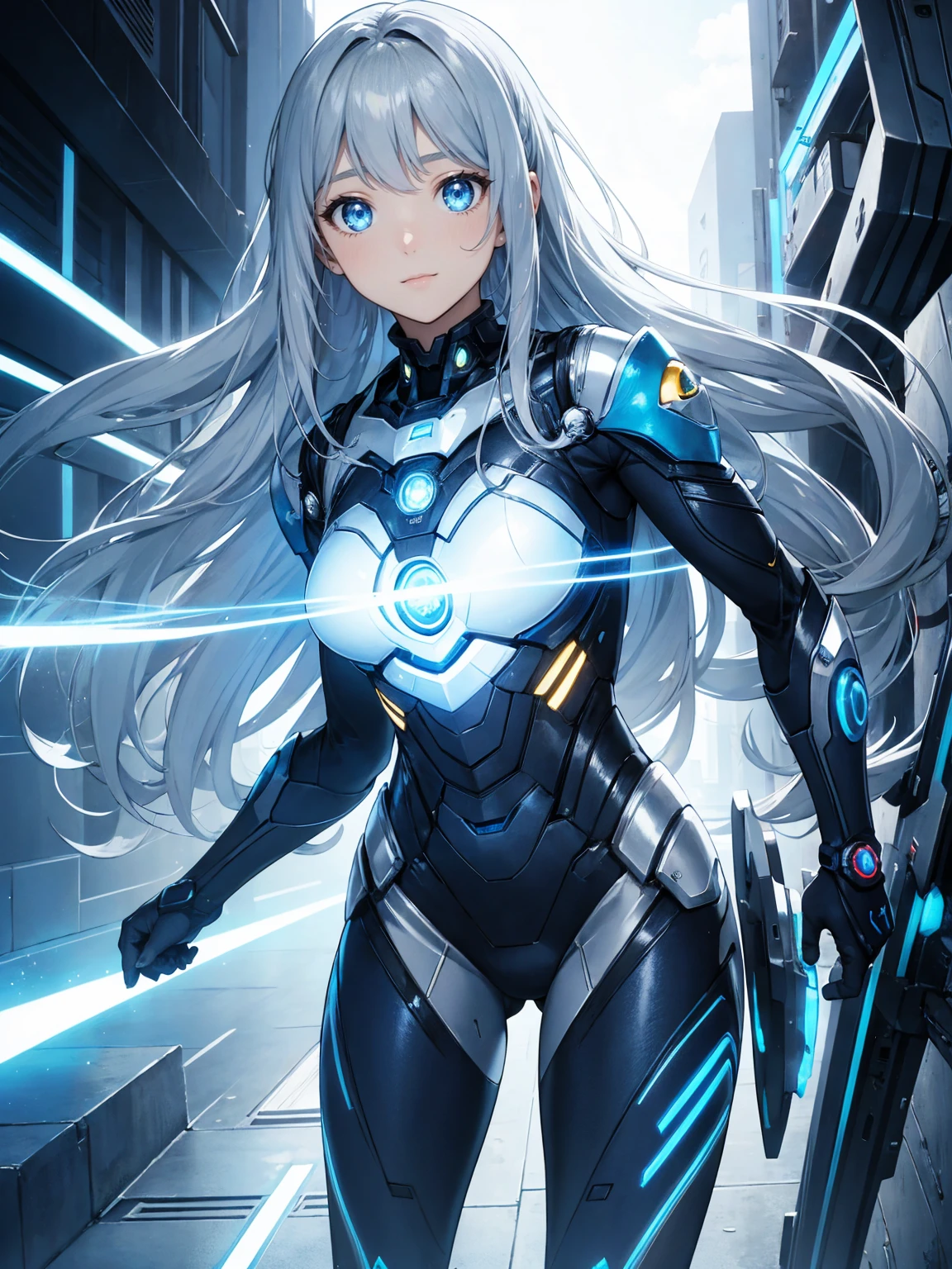 cyborg suit girl, shining blue light,silver long hair, shining eye, 14 years old, smie