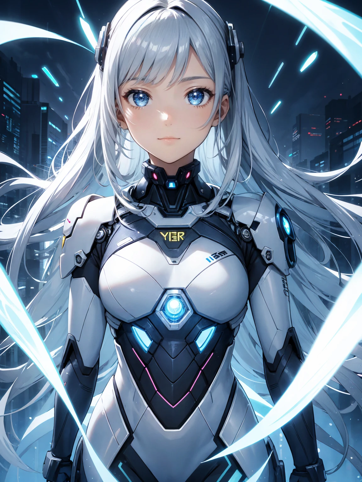 cyborg suit girl, shining blue light,silver long hair, shining eye, , smie