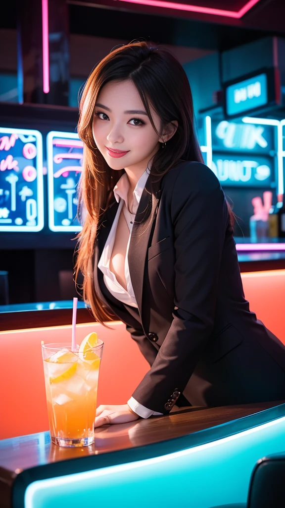 A beautiful woman in a stylish business suit、Enjoying a drink in a neon-lit bar、The scene where she shows off her best smile。The scenes are vivid and of high quality、Detailed and meticulously drawn。Beautiful woman's perfect face highlighted by neon lights、It creates a wonderful contrast。The bar is decorated with colorful neon signs.、There is a lively atmosphere。Business suits are sophisticated and stylish.、It accentuates her elegant appearance。Ultra-realistic 8K resolution throughout、Captures every detail。Her face is full of joy、With beautiful eyes and a perfect smile、It gives the scene a sense of life and charm.。