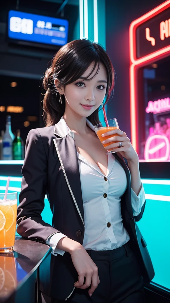 A beautiful woman in a stylish suit、Enjoying a drink in a neon-lit bar、The scene where she shows off her best smile。The scenes are vivid and of high quality、Detailed and meticulously drawn。Beautiful woman&#39;s perfect face highlighted by neon lights、It creates a wonderful contrast。The bar is decorated with colorful neon signs.、There is a lively atmosphere。The suit is sophisticated and stylish.、It accentuates her elegant appearance。Ultra-realistic 8K resolution throughout、Captures every detail。Her face is full of joy、With beautiful eyes and a perfect smile、It gives the scene a sense of life and charm.。